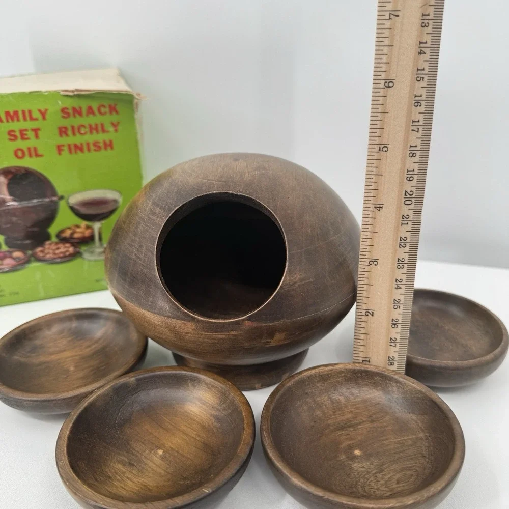 Wood Family Snack Orb Sphere Spoon & 4 personal Snack bowls VINTAGE With Tags